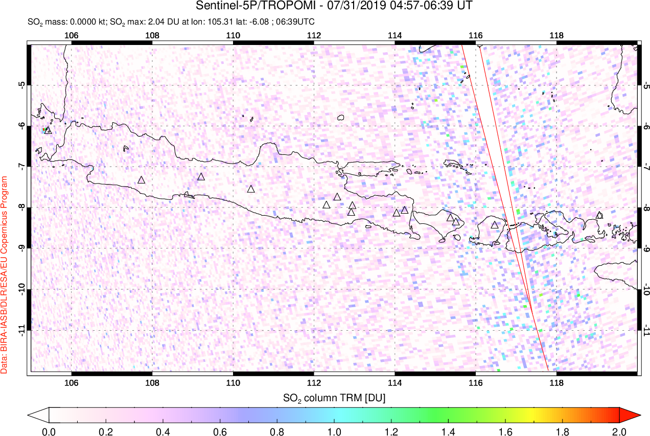 A sulfur dioxide image over Java, Indonesia on Jul 31, 2019.