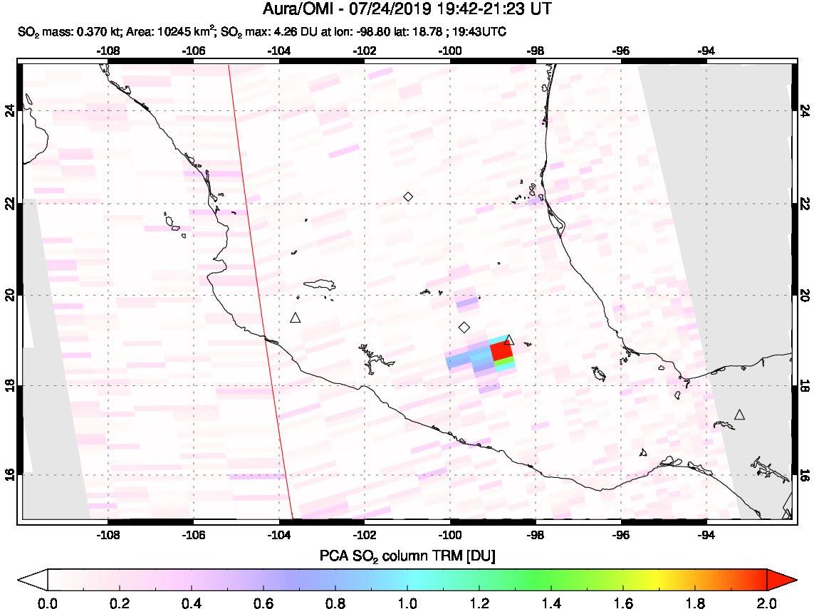 A sulfur dioxide image over Mexico on Jul 24, 2019.