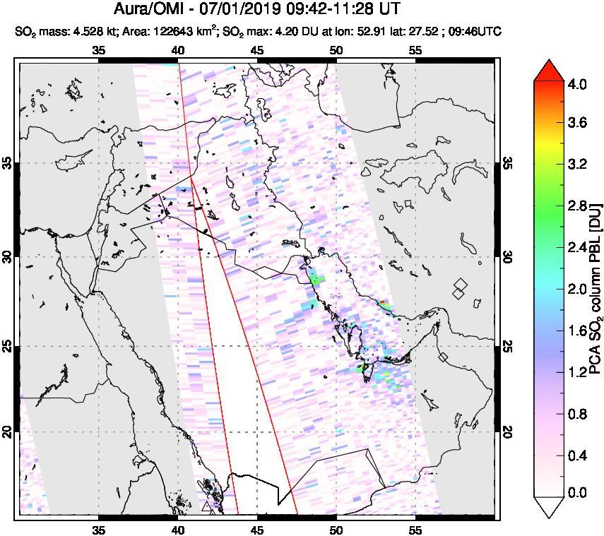 A sulfur dioxide image over Middle East on Jul 01, 2019.