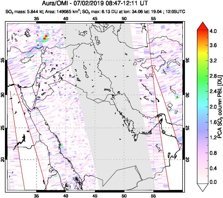A sulfur dioxide image over Middle East on Jul 02, 2019.