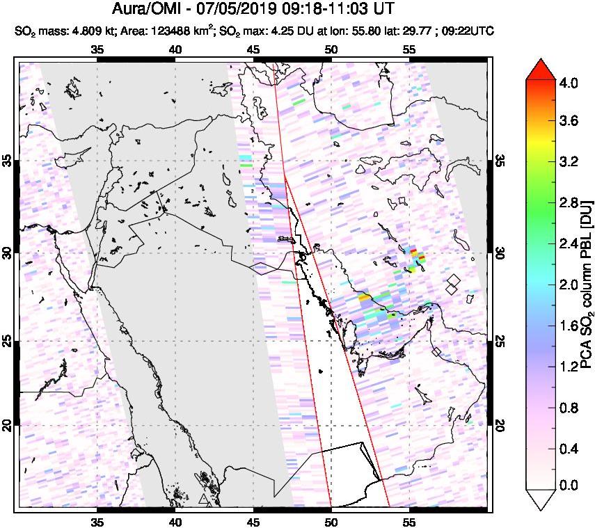 A sulfur dioxide image over Middle East on Jul 05, 2019.