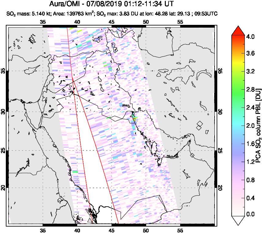 A sulfur dioxide image over Middle East on Jul 08, 2019.