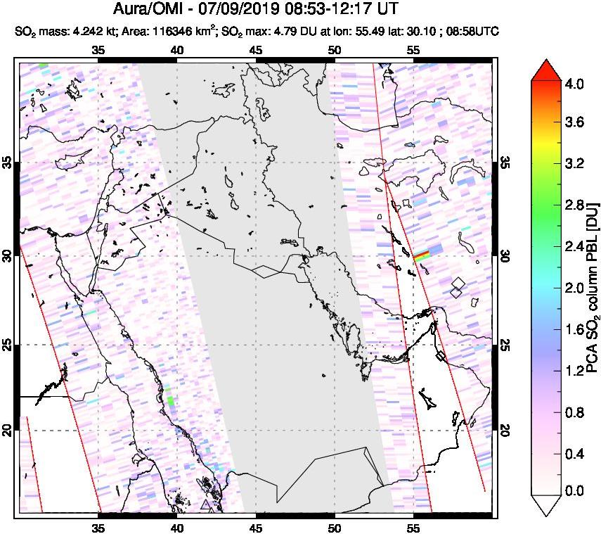 A sulfur dioxide image over Middle East on Jul 09, 2019.