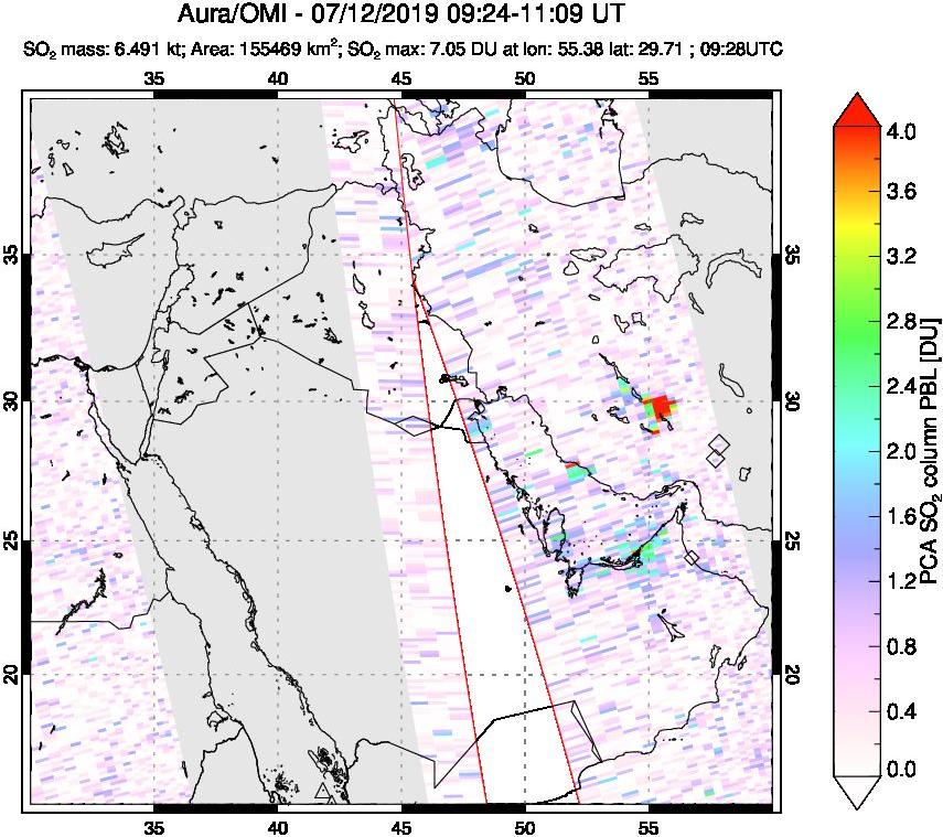A sulfur dioxide image over Middle East on Jul 12, 2019.
