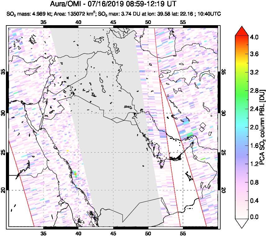 A sulfur dioxide image over Middle East on Jul 16, 2019.