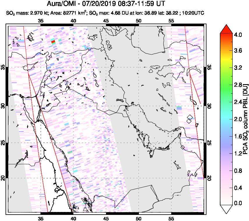 A sulfur dioxide image over Middle East on Jul 20, 2019.