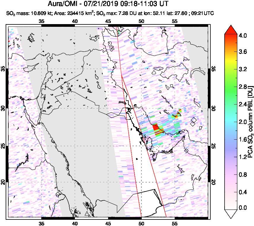 A sulfur dioxide image over Middle East on Jul 21, 2019.