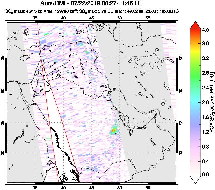 A sulfur dioxide image over Middle East on Jul 22, 2019.
