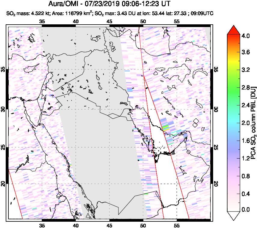 A sulfur dioxide image over Middle East on Jul 23, 2019.