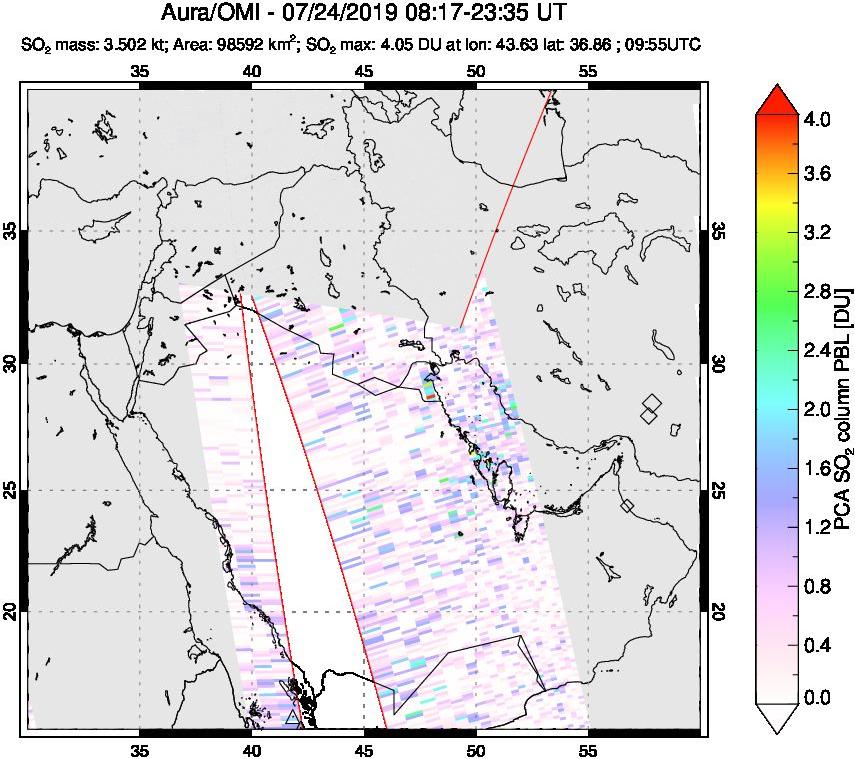 A sulfur dioxide image over Middle East on Jul 24, 2019.