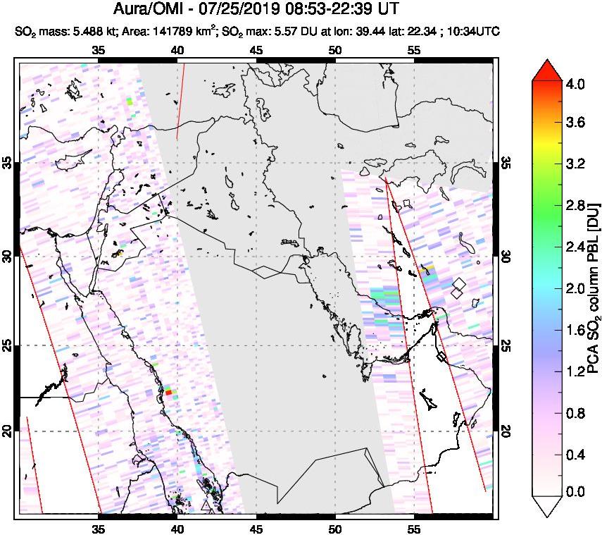 A sulfur dioxide image over Middle East on Jul 25, 2019.