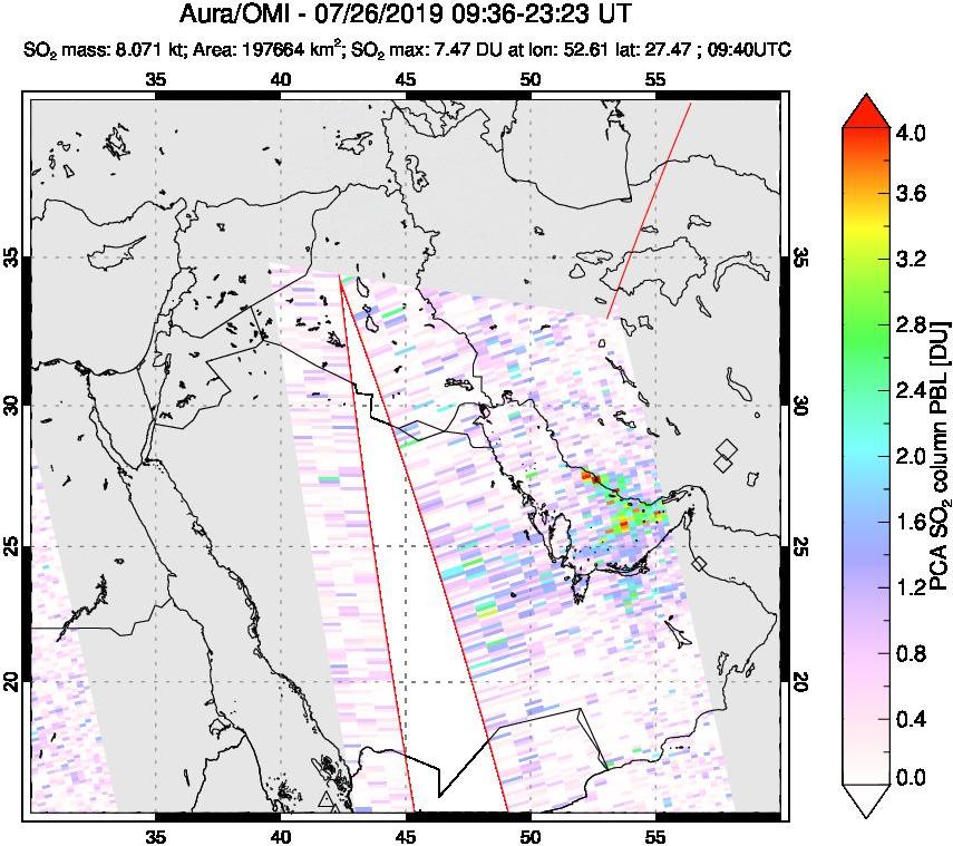 A sulfur dioxide image over Middle East on Jul 26, 2019.