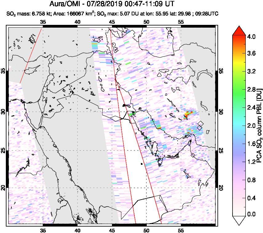 A sulfur dioxide image over Middle East on Jul 28, 2019.