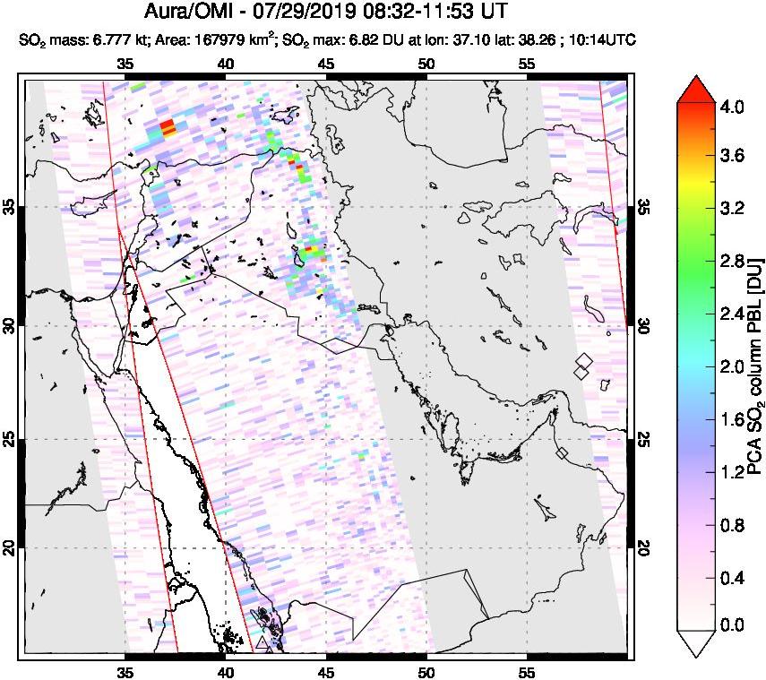 A sulfur dioxide image over Middle East on Jul 29, 2019.