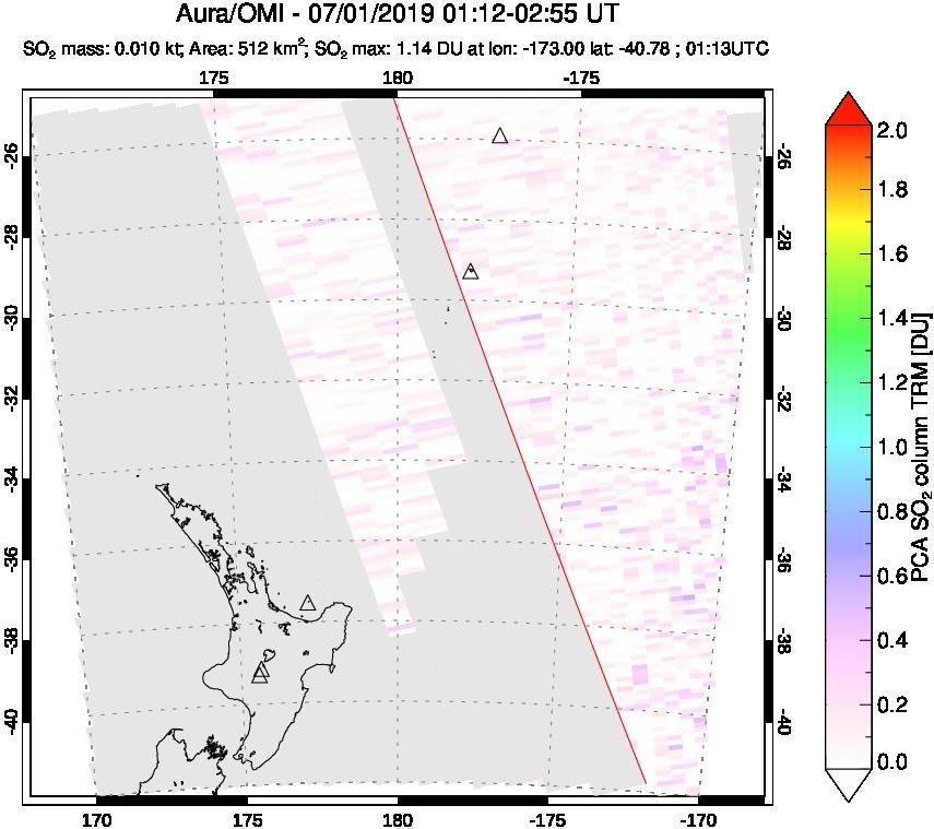 A sulfur dioxide image over New Zealand on Jul 01, 2019.