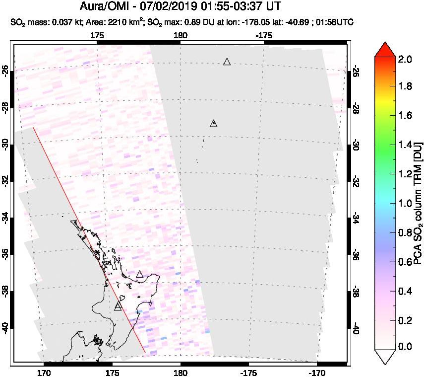 A sulfur dioxide image over New Zealand on Jul 02, 2019.