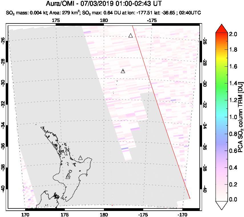 A sulfur dioxide image over New Zealand on Jul 03, 2019.