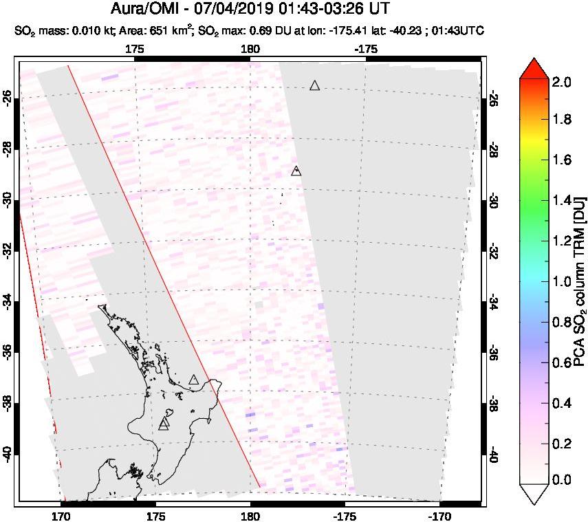 A sulfur dioxide image over New Zealand on Jul 04, 2019.