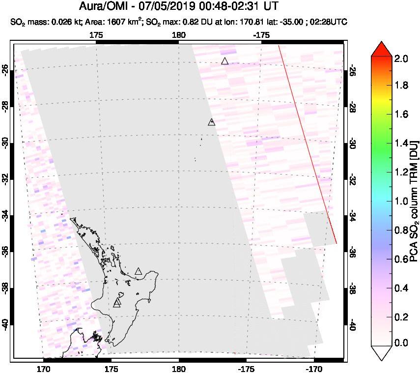 A sulfur dioxide image over New Zealand on Jul 05, 2019.