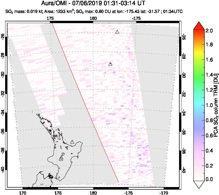 A sulfur dioxide image over New Zealand on Jul 06, 2019.