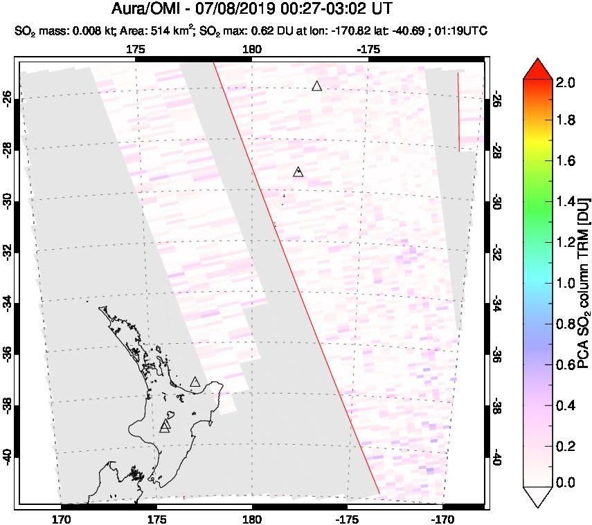 A sulfur dioxide image over New Zealand on Jul 08, 2019.
