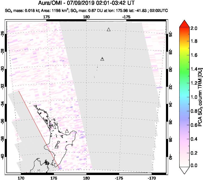 A sulfur dioxide image over New Zealand on Jul 09, 2019.