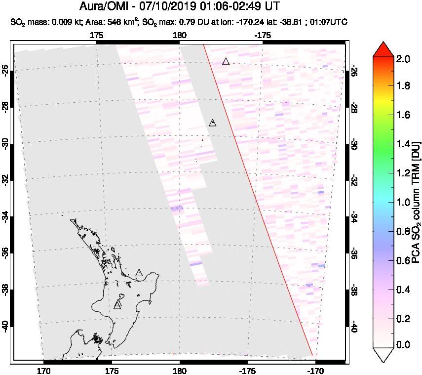 A sulfur dioxide image over New Zealand on Jul 10, 2019.