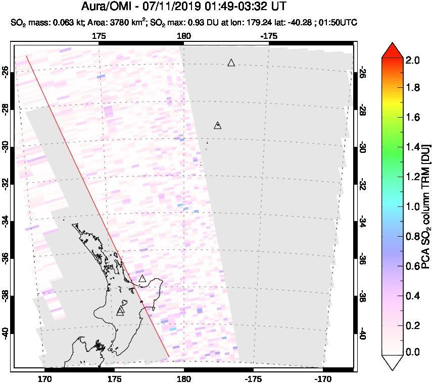 A sulfur dioxide image over New Zealand on Jul 11, 2019.