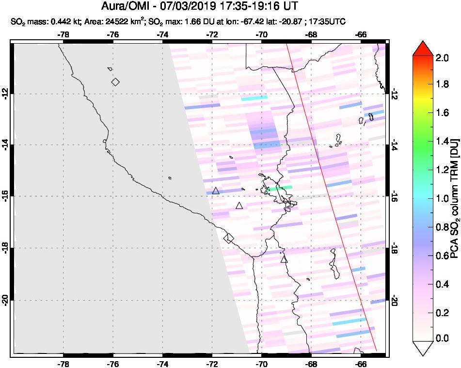 A sulfur dioxide image over Peru on Jul 03, 2019.