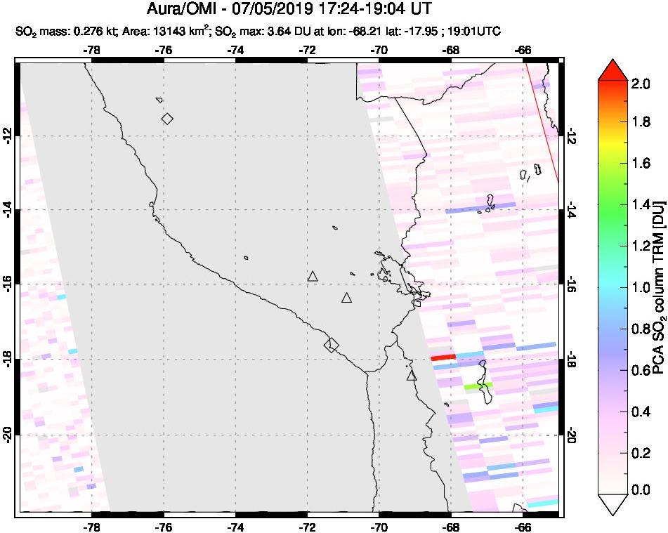 A sulfur dioxide image over Peru on Jul 05, 2019.