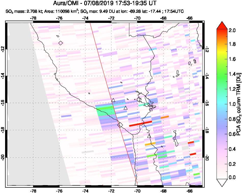 A sulfur dioxide image over Peru on Jul 08, 2019.