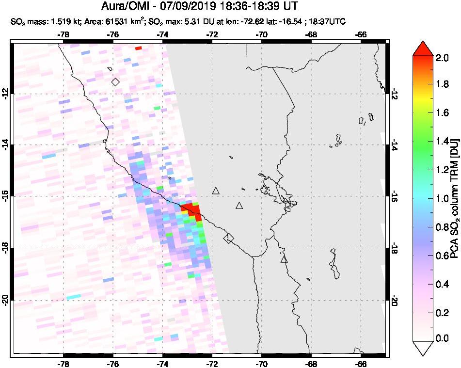 A sulfur dioxide image over Peru on Jul 09, 2019.