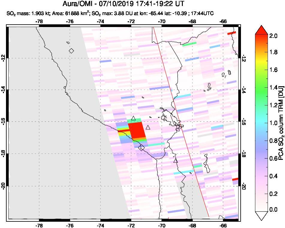 A sulfur dioxide image over Peru on Jul 10, 2019.