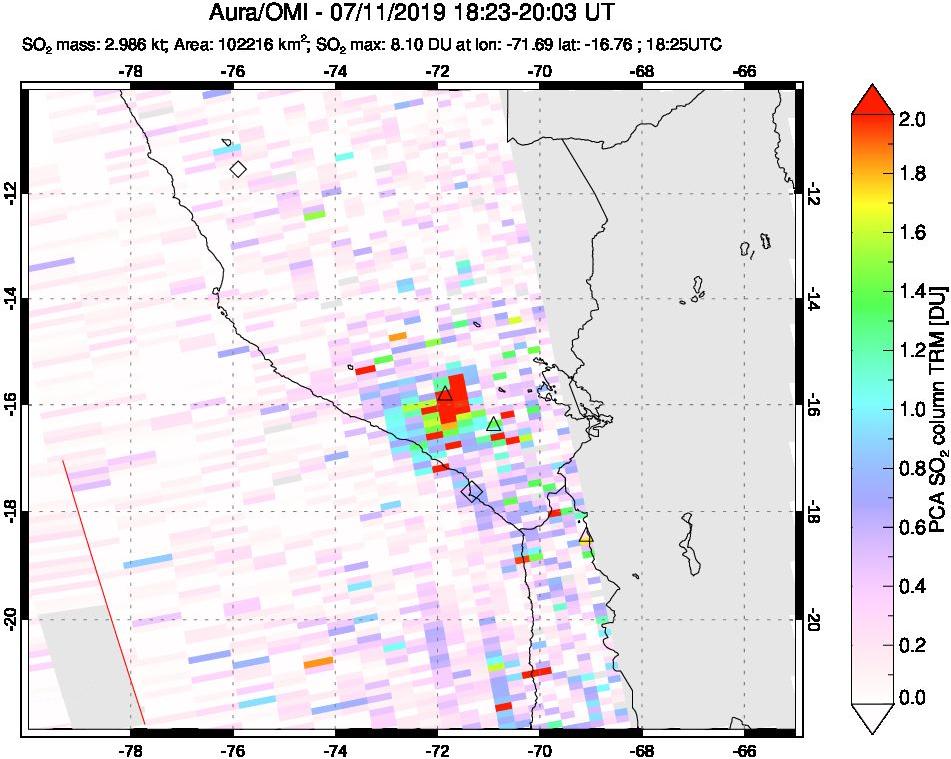 A sulfur dioxide image over Peru on Jul 11, 2019.