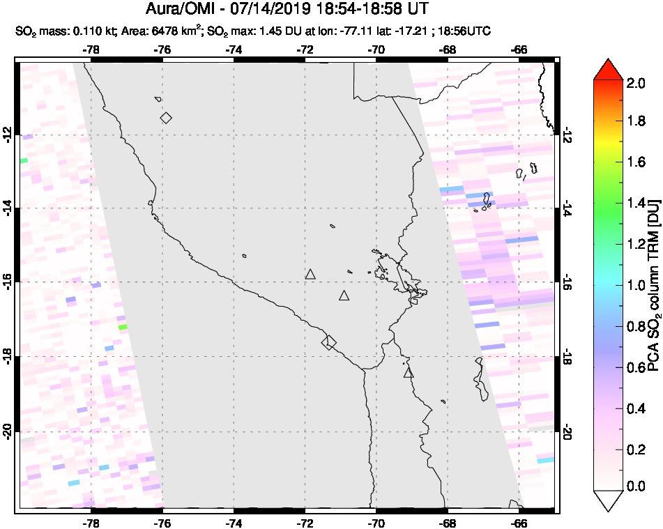 A sulfur dioxide image over Peru on Jul 14, 2019.