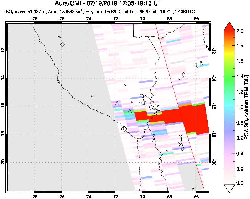 A sulfur dioxide image over Peru on Jul 19, 2019.