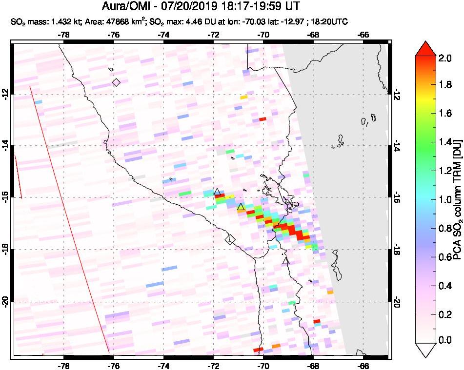 A sulfur dioxide image over Peru on Jul 20, 2019.