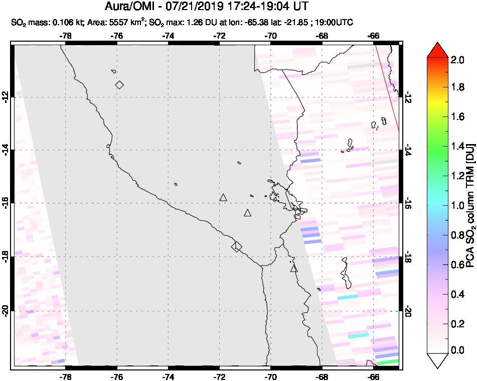 A sulfur dioxide image over Peru on Jul 21, 2019.