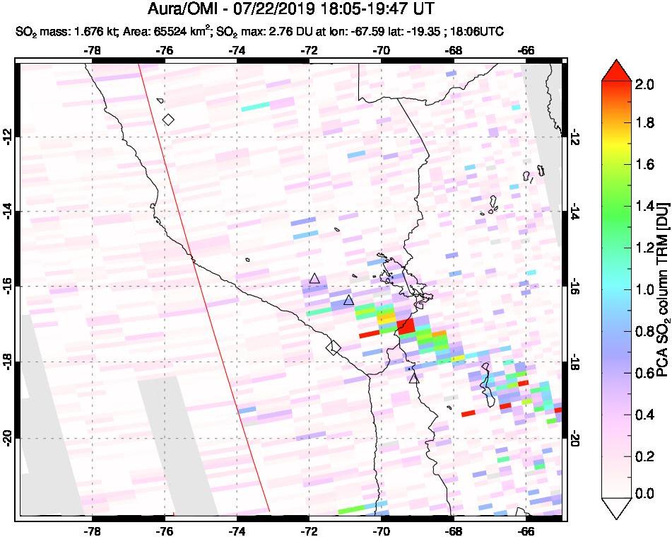 A sulfur dioxide image over Peru on Jul 22, 2019.