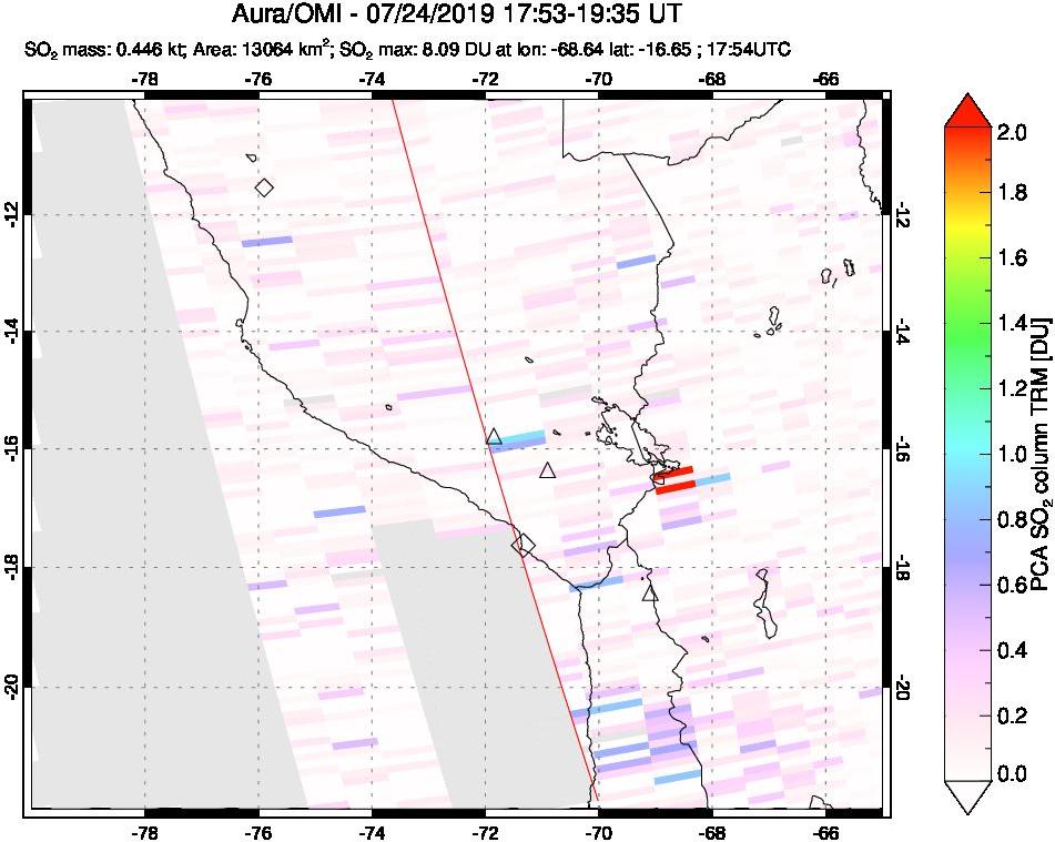 A sulfur dioxide image over Peru on Jul 24, 2019.