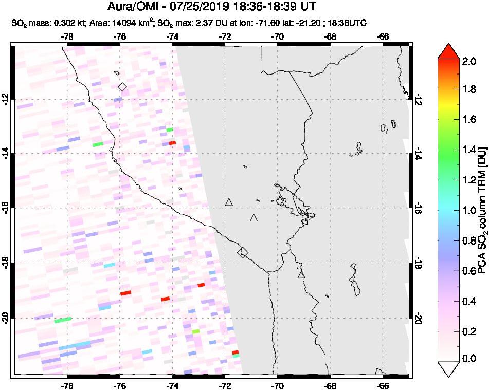 A sulfur dioxide image over Peru on Jul 25, 2019.