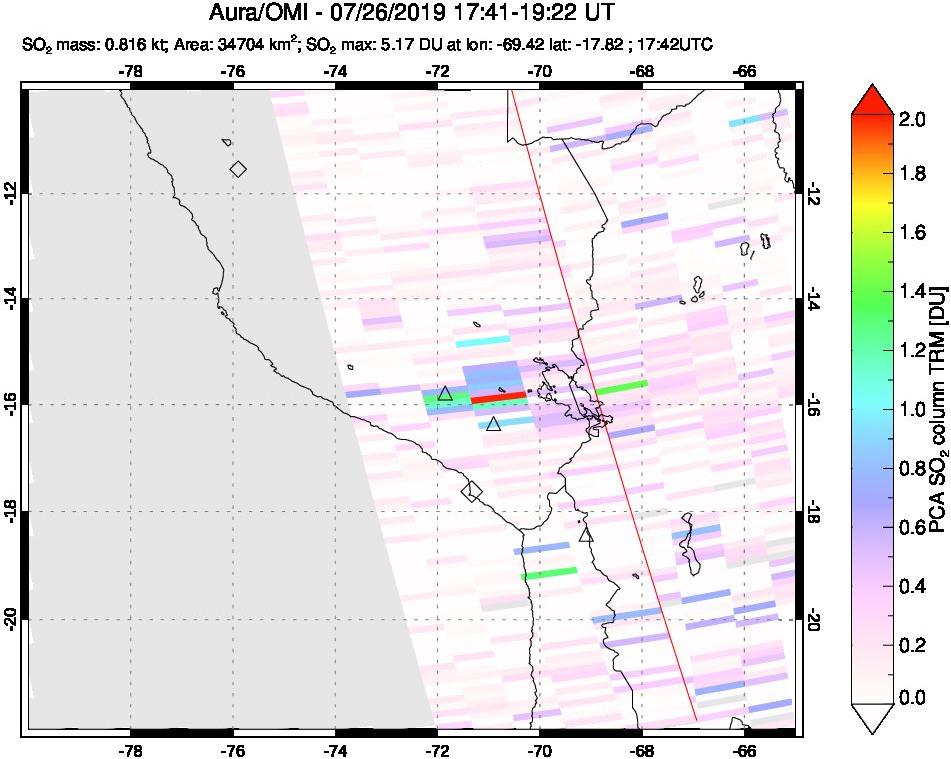 A sulfur dioxide image over Peru on Jul 26, 2019.