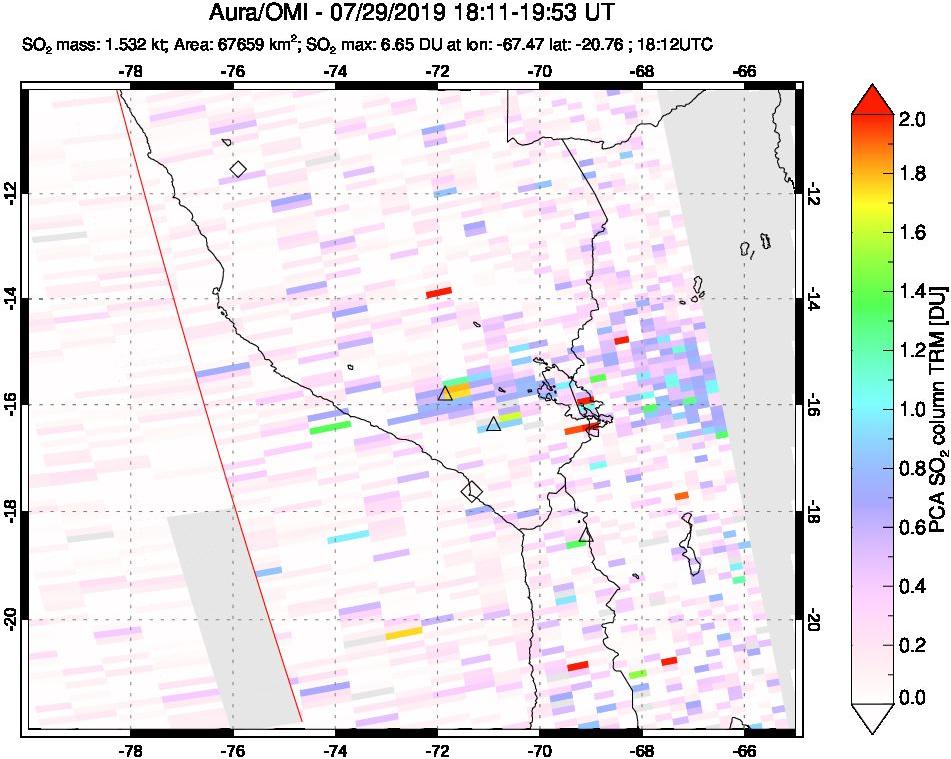 A sulfur dioxide image over Peru on Jul 29, 2019.