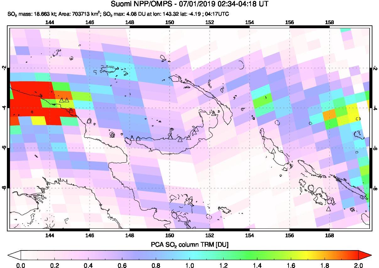 A sulfur dioxide image over Papua, New Guinea on Jul 01, 2019.