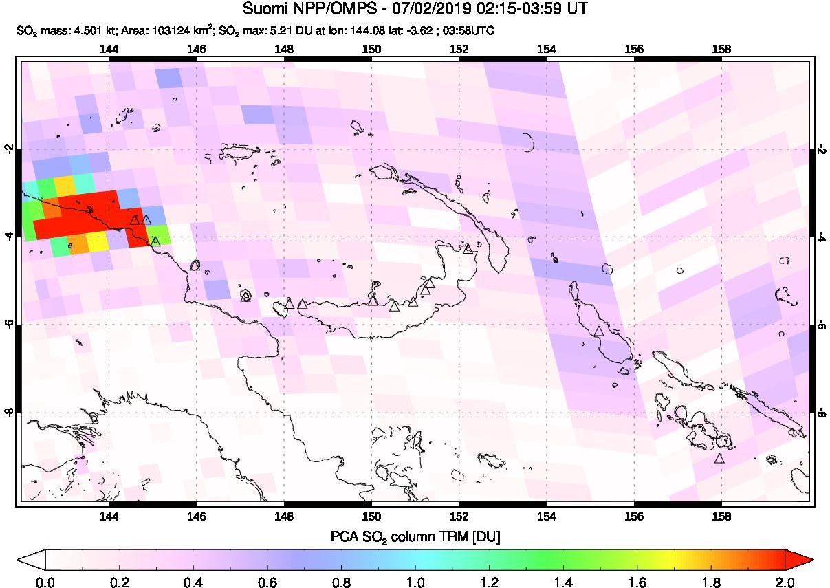 A sulfur dioxide image over Papua, New Guinea on Jul 02, 2019.