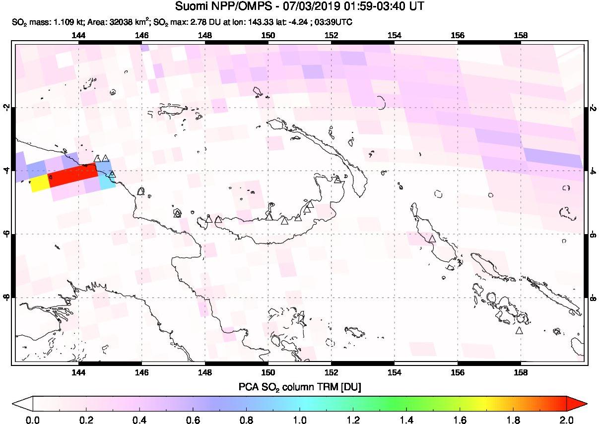 A sulfur dioxide image over Papua, New Guinea on Jul 03, 2019.