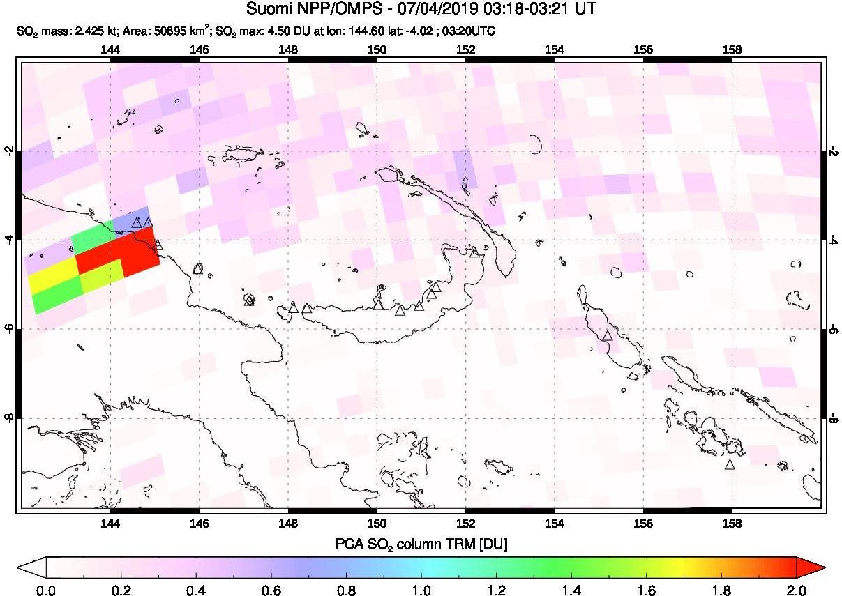 A sulfur dioxide image over Papua, New Guinea on Jul 04, 2019.