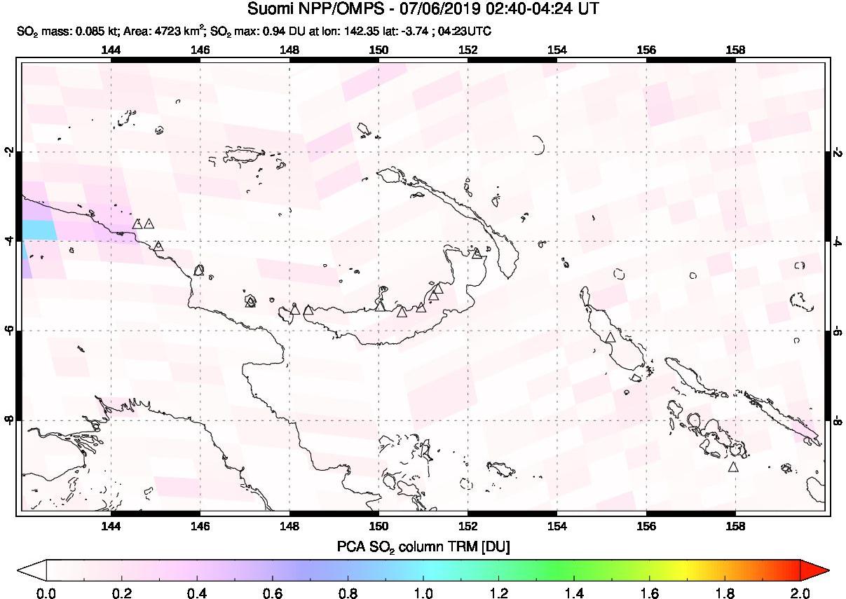 A sulfur dioxide image over Papua, New Guinea on Jul 06, 2019.