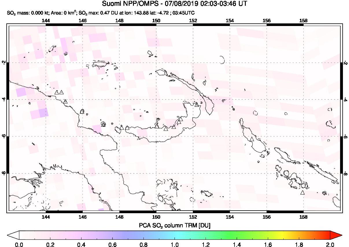 A sulfur dioxide image over Papua, New Guinea on Jul 08, 2019.