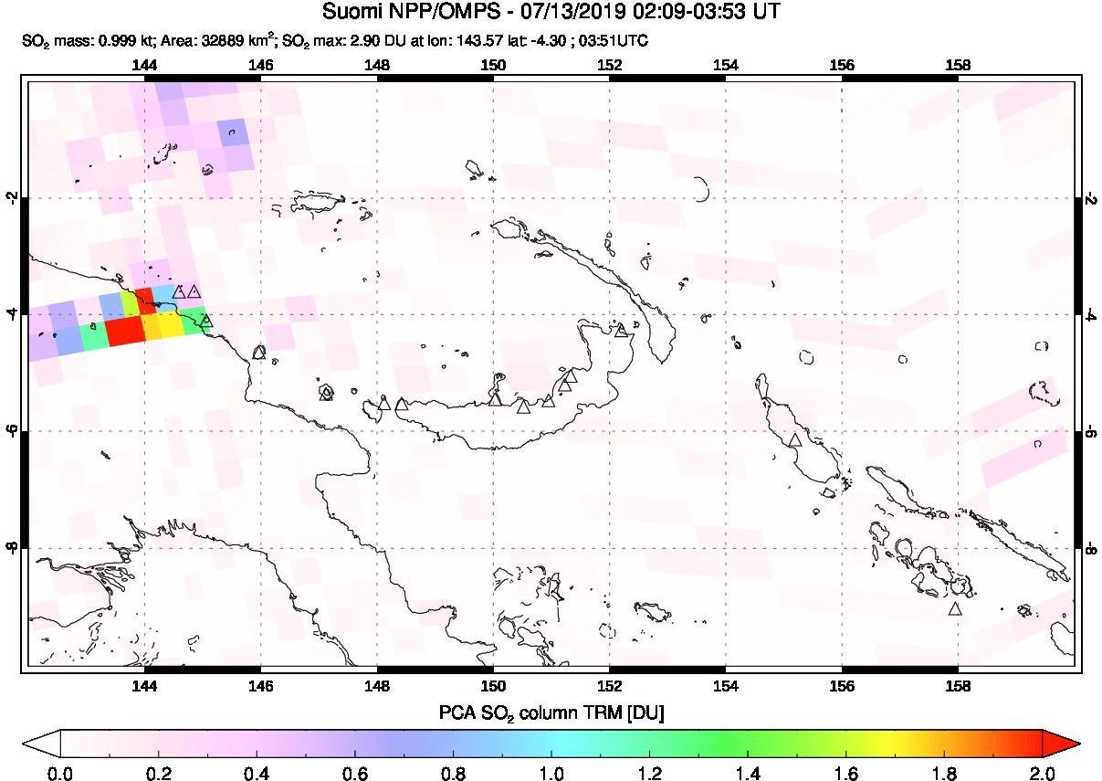 A sulfur dioxide image over Papua, New Guinea on Jul 13, 2019.